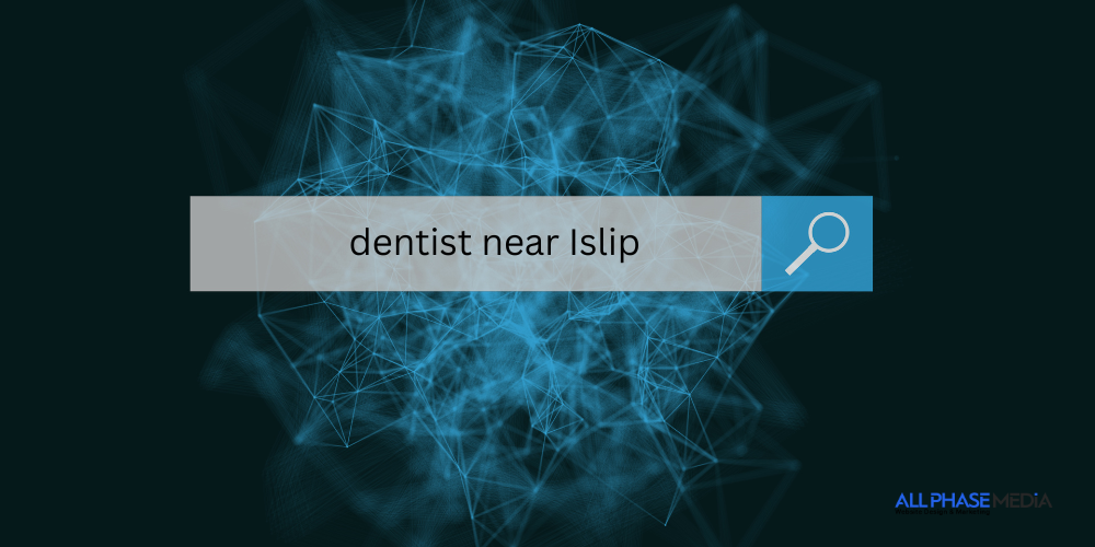 A digital rendering of a search bar with the query "dentist near Islip" typed in it, overlaid on a dark background with a network of interconnected blue lines and nodes. This image could be used by an SEO company Islip to illustrate the concept of local search optimization.