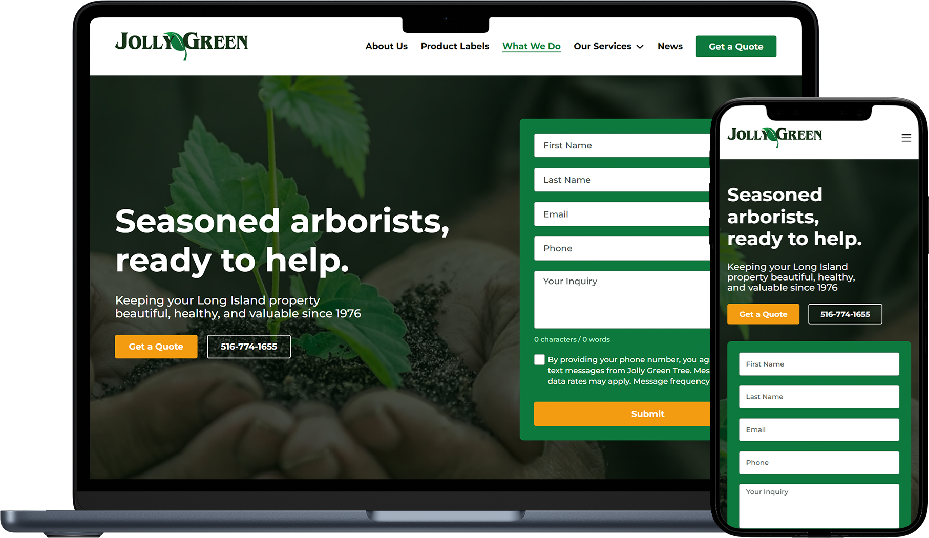Responsive website design mockup for Jolly Green Tree