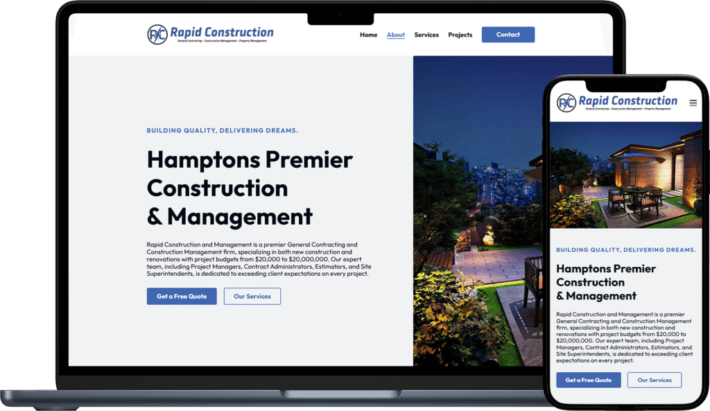 Responsive website design mockup for Rapid Construction Management